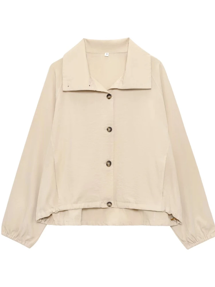 

Chic Stand Collar Short Thin Jacket Women Casual Loose Single Breasted Drawstring Khaki Jackets Female 2025 Retro Street Outwear