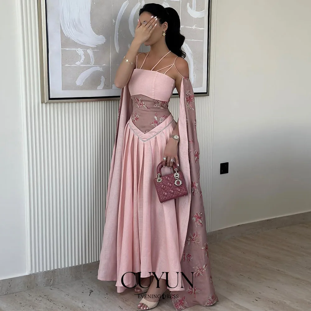 

CUYUN Saudi Women Prom Dresses Customized Spaghetti Straps Cape Sleeves Floral Ankle-Length Party Dress for Special Occasion