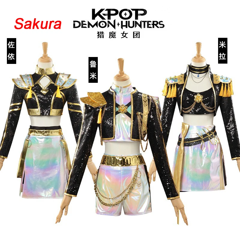 

Rumi Zoey Mira Cosplay Costume Women Kids Demon Hunters Black Golden Suit Halloween Party Idol Girl Uniform Role Playing Outfit
