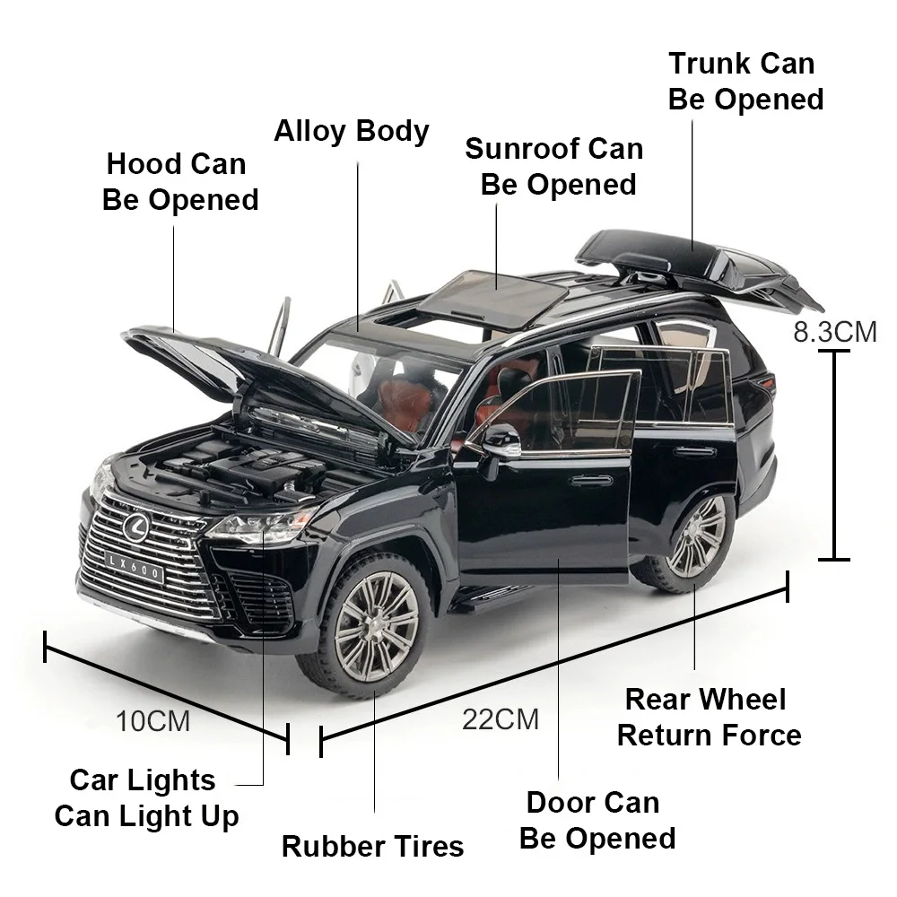 1:24 LM300H Legierung Diecast LX600 Miniatur Modell Spielzeug Auto Sound Licht Zurückziehen 6 Türen Geöffnet Spielzeug für Junge Erwachsene Geburtstag Geschenk