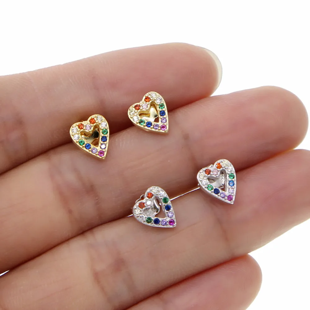 Rainbow Colorful Cz Paved Hollow Heart Stud Earring For Girlfriend Lover 100% 925 Sterling Silver Minimal Cute Stunning Jewelry