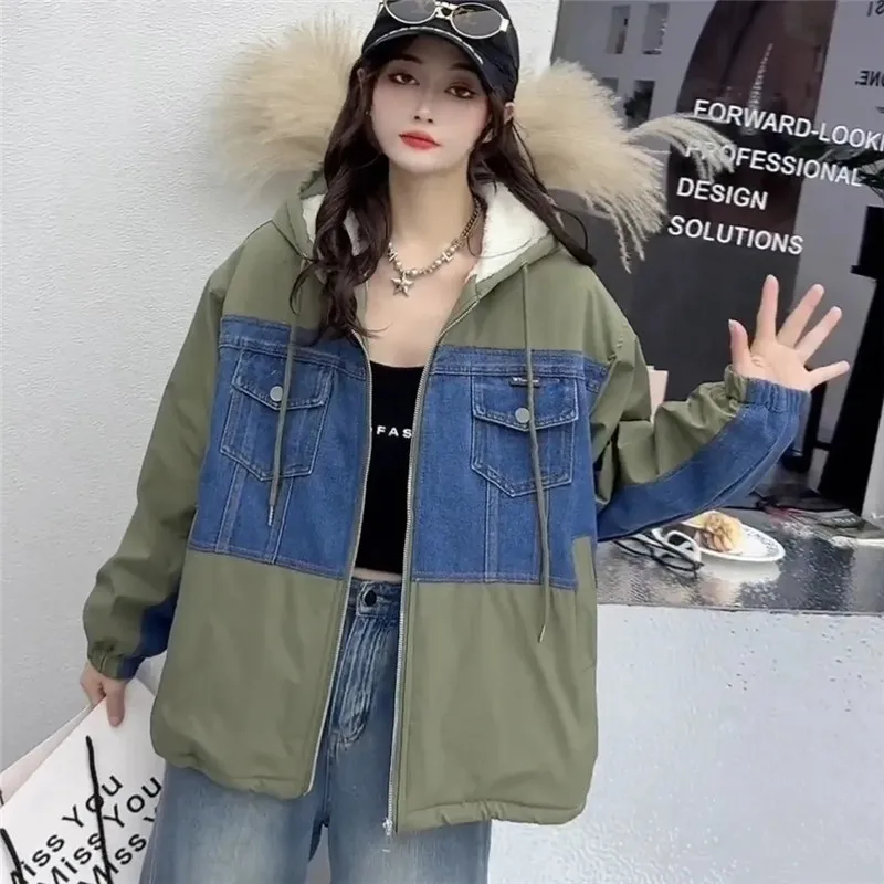 

2026 winter new women's plus velvet padded denim Coat hooded stitching Female casual jacket fashion Lady warm loose Overwear