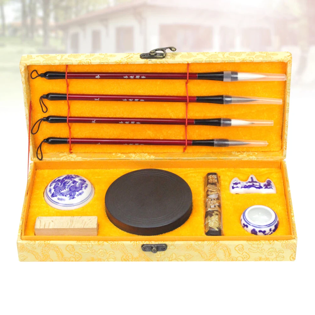

Chinese Calligraphy Brush Set Four Treasures Study Writing Painting Tools Beginner Yellow Inkstone Art Supplies Brush Stand