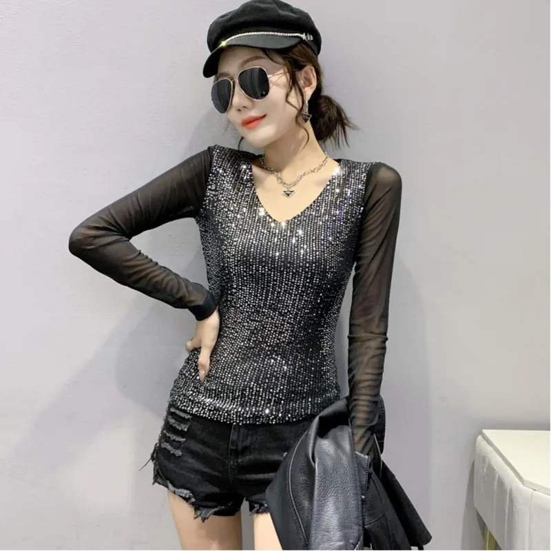 #7962 Spring Autumn Short Streetwear T Shirt Women Spliced Mesh Long Sleeve V Neck Sexy Club Tops Thin Sequins T Shirt Women 