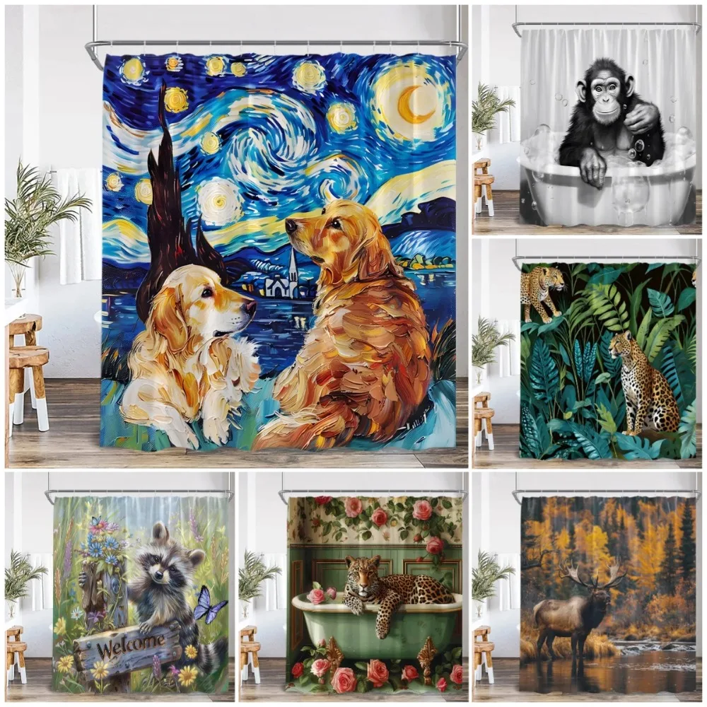 Funny Animals Shower Curtain Bathing Animal Chimpanzee Deer Elk Cat Dog Leopard Bear Bathtub Decor Modern Polyester Bath Curtain