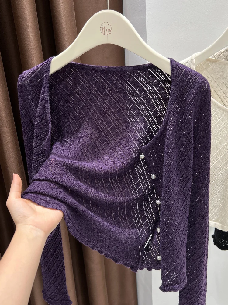 

Cardigan Shrug Cover-Up Viscose Knitted Hollow-Out Purple Long Sleeve Sun Protection Lightweight Women's Bolero for Dress Qipao