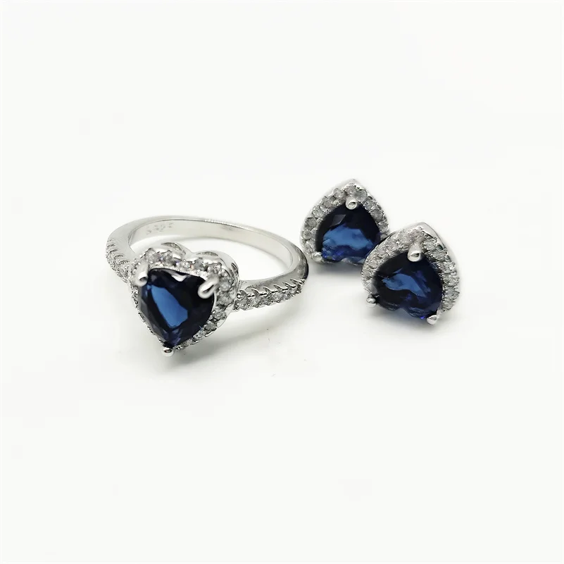 CC Heart Jewelry Sets 2pcs Ring Stud Earrings For Women Blue Zirconia Wedding Engagement Fashion Accessories Drop Shipping
