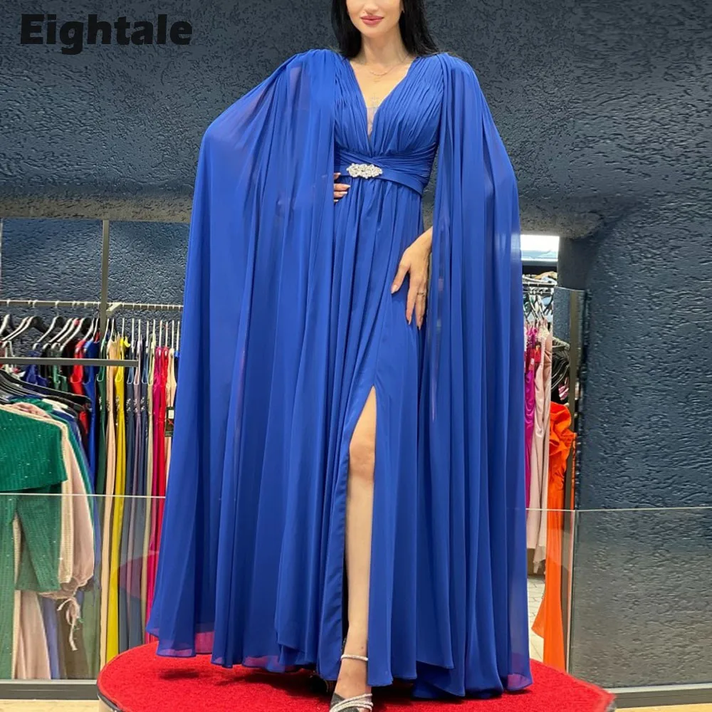 

Eightale Arabic Evening Dress Royal Blue Chiffon V Neck Pleats Long Sleeves Celebrity Prom Gown Party Dress robe de soiree