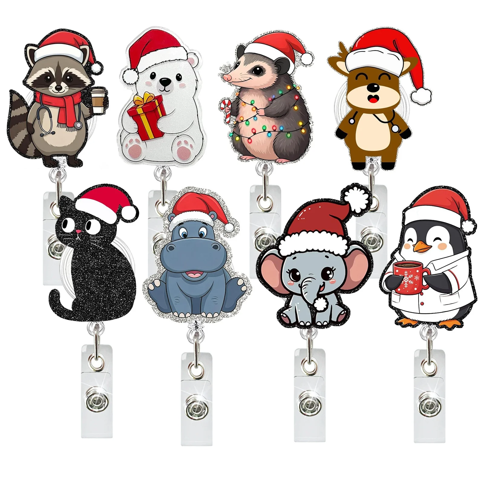 Christmas Animal Series Glitter Acrylic Black Cat Sloth Penguin Bear Deer Retractable Badge Reel Rotating ID Badge Holder Gift