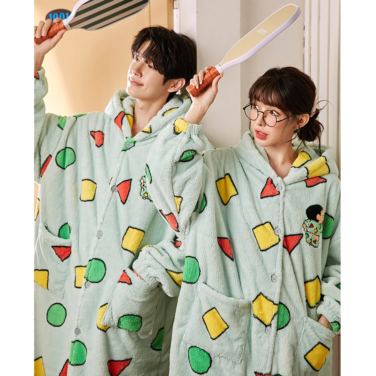 

2026 Crayon Shin-Chan Couple Sleepwear Women'S Autumn And Winter Thick Coral Fleece Men'S Nightgown Home Wear Cute Gift