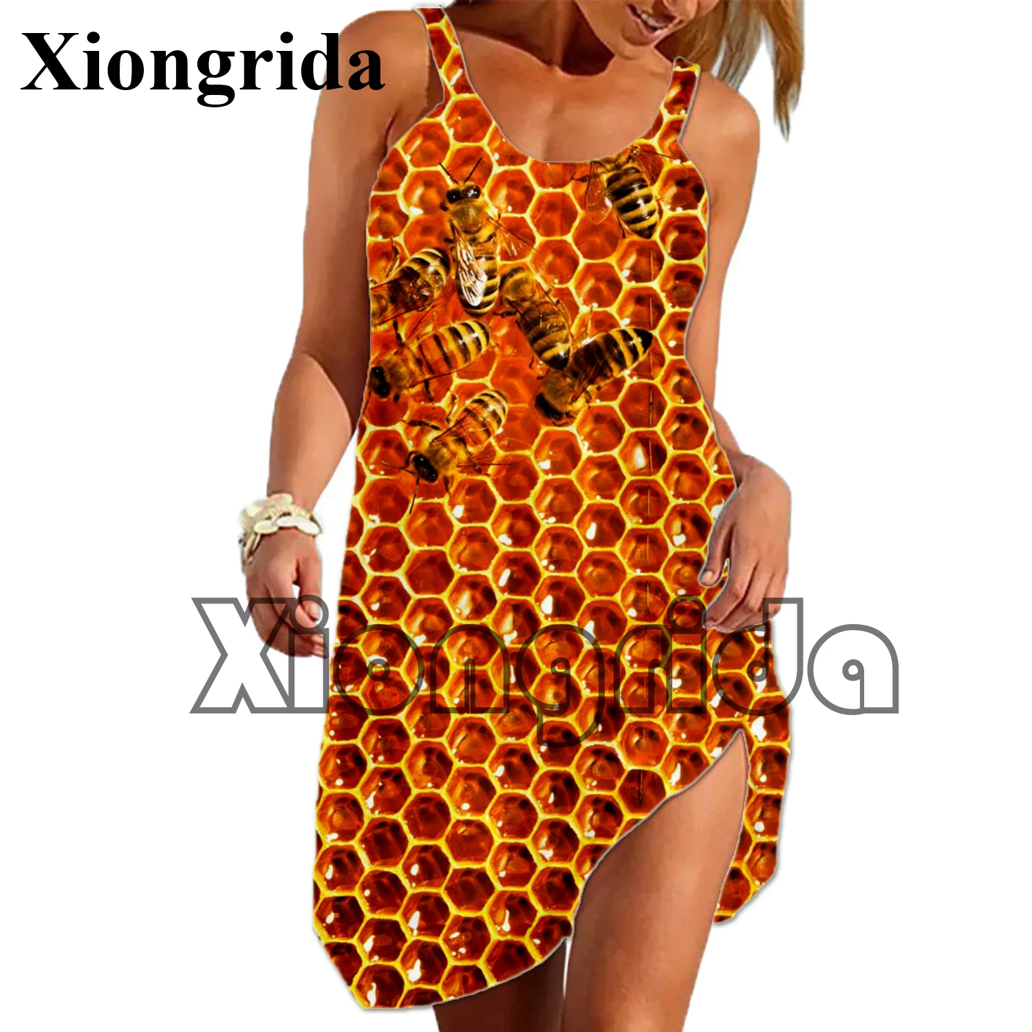 Summer Bee Graphic Fashion Sling Print Dress Insect Hive Honeycomb 3D Women Sexy Loose Seaside Beach Casual Beach Dress