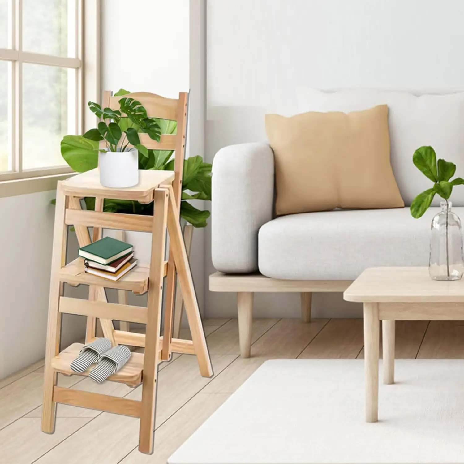 Folding Kitchen Stool, 3 Step Multifunction Portable Adults Solid Wood Ladder Stool For Household Bathroom Storage Shelf