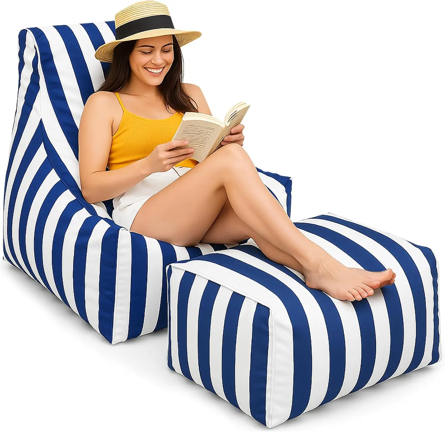 Outdoor Bean Bag Chair with Ottoman, Blue, White Stripes