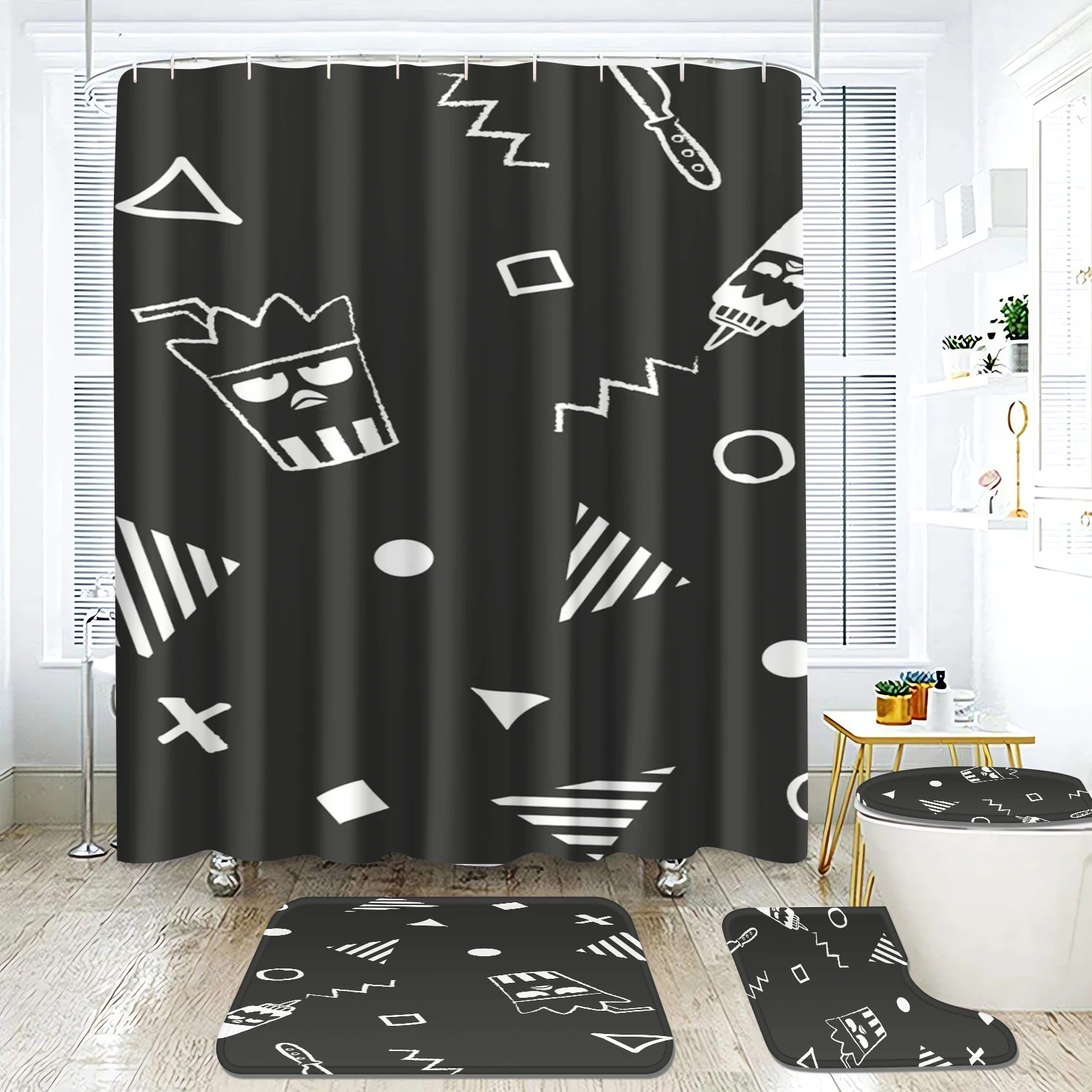 Sanrio Cool Penguin Shower Curtain, Bath Mats, Various Sizes, Cute, Full Kawaii Bathroom Cartoon, Great Gift for Kids, 4 Pcs