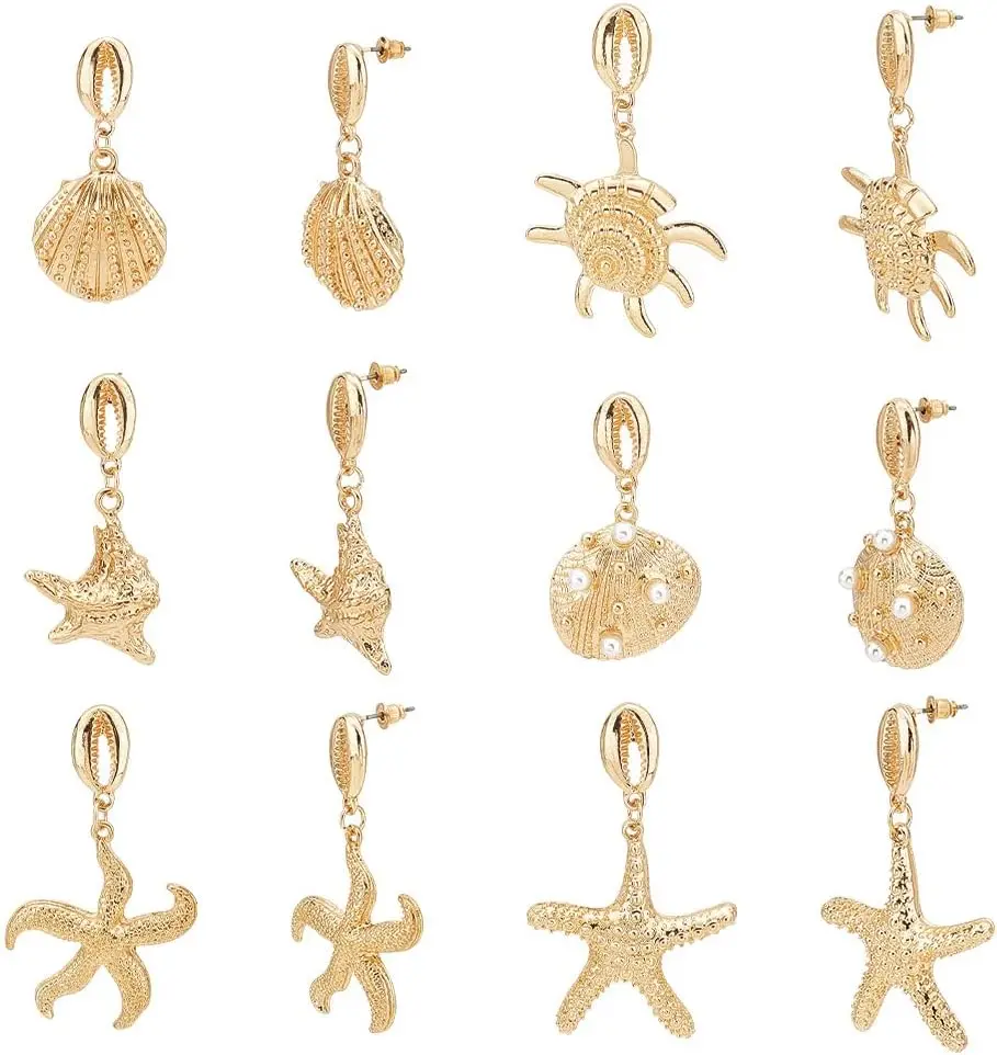 6 Pairs Boho Gold Earrings for Women, 3 Style Starfish Shell Earrings Asymmetric Dangle Stud with Abs Imitation Pearl Beaded