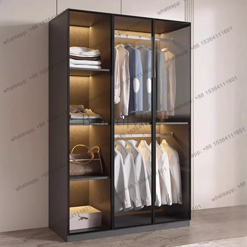 Factory Direct Open Clothes Closet Wardrobe Glass Storage Door Clothing Cabinets Double Bedrooms Wardrobes Home Drawers Storage