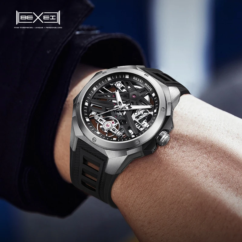 BEXEI Automatic movement mechanical men\'s watch luminous skeleton Synthetic sapphire waterproof business wrist watch news 9121