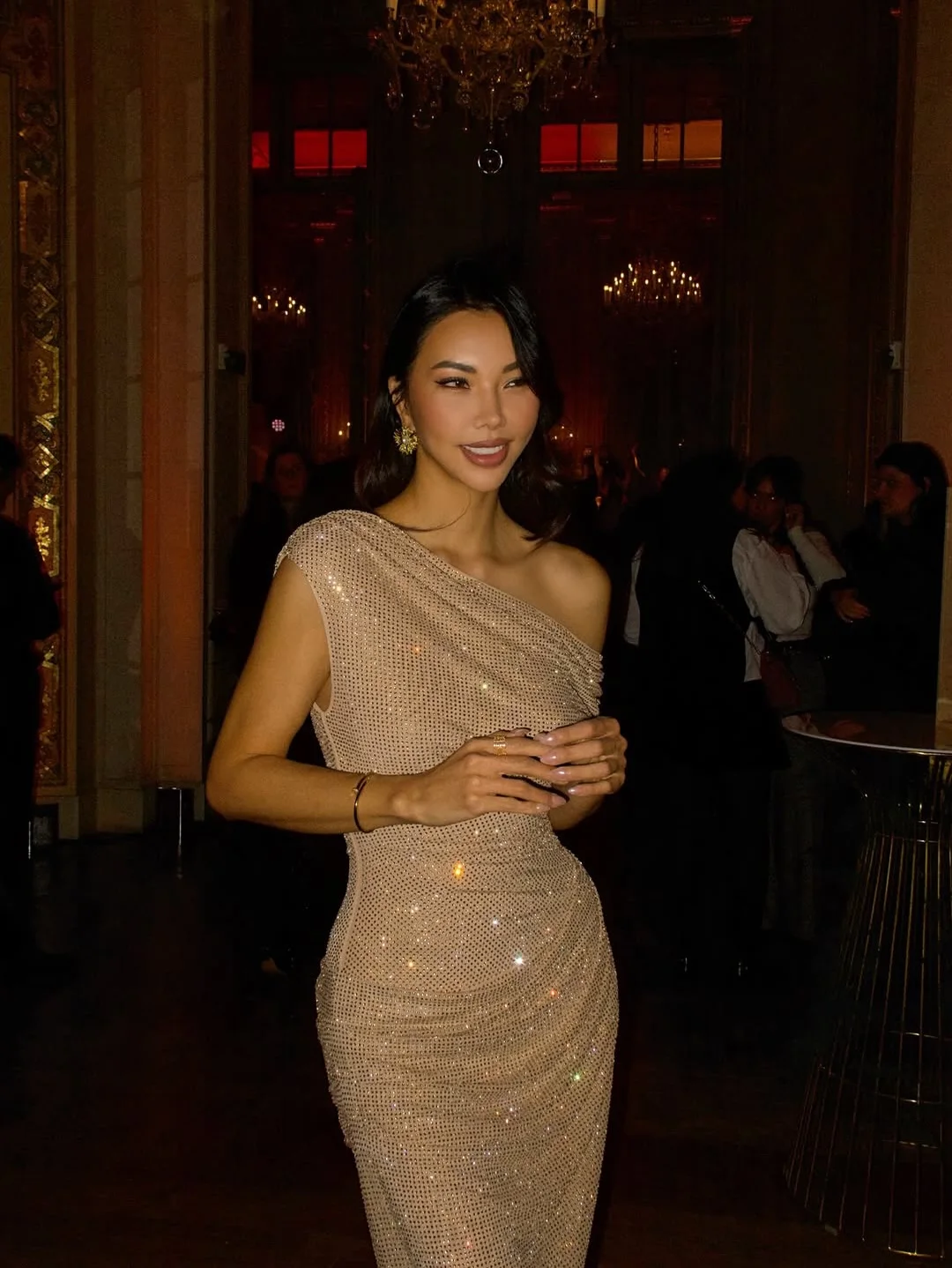Mingmingxi Shiny Sequin Bodycon Maxi Dress One Shoulder Asymmetric Dress Luxury Draped Waist Formal Event Night Out Dress