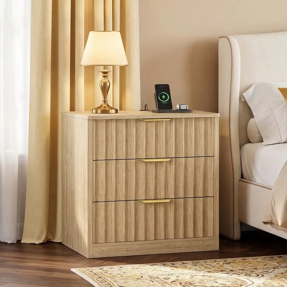 Set Of 2 With 3 Drawers, Modern Bedside Table With Charging Station And LED Lighting, Fluted Bed Side End Table With Metal Hand