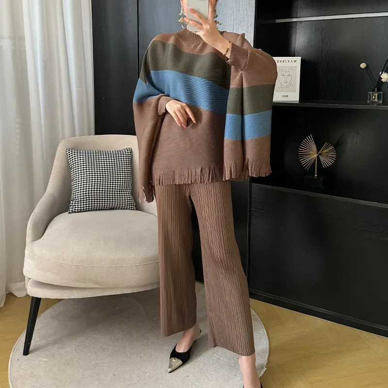 Pleats 2024 Spring New Ageing Set Pleated Fringe Shawl Top + Loose Casual Straight Pants Two-piece Outer Single Women Clothing