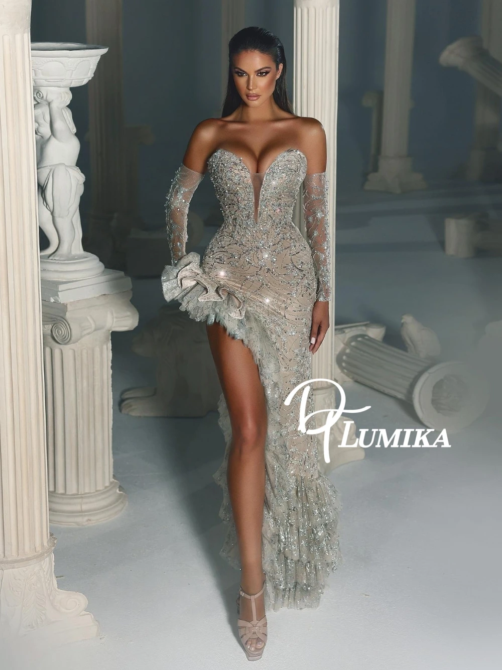 

Dreamy Layered Lace Evening Dress Sparkling Straight Heart-shaped Neckline Customized Sexy High Slit High-end Galas Prom Gown