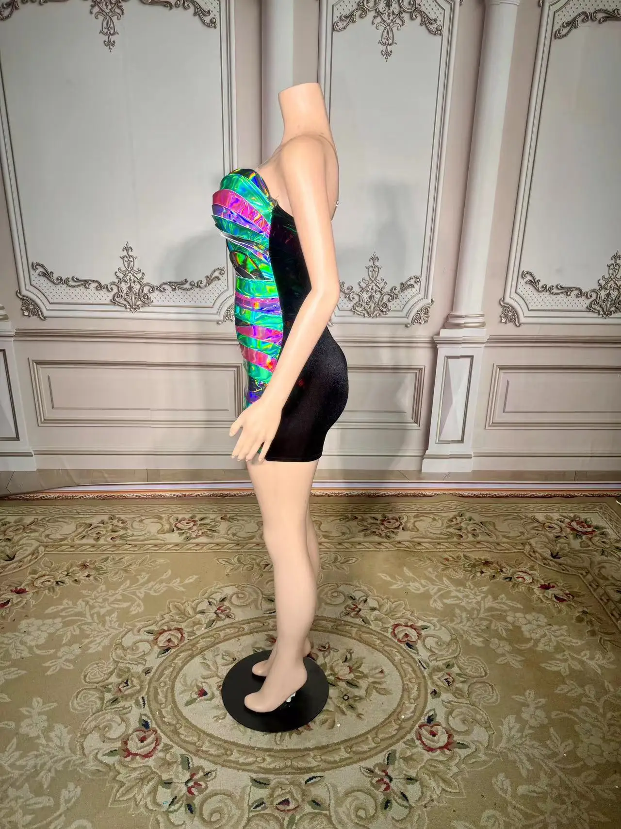 Multi-color Rhinestone Chain Slit Mini Dress Women Evening Party Birthday Prom Sexy Fashion Short Outfit Singer Dance Stage Wear