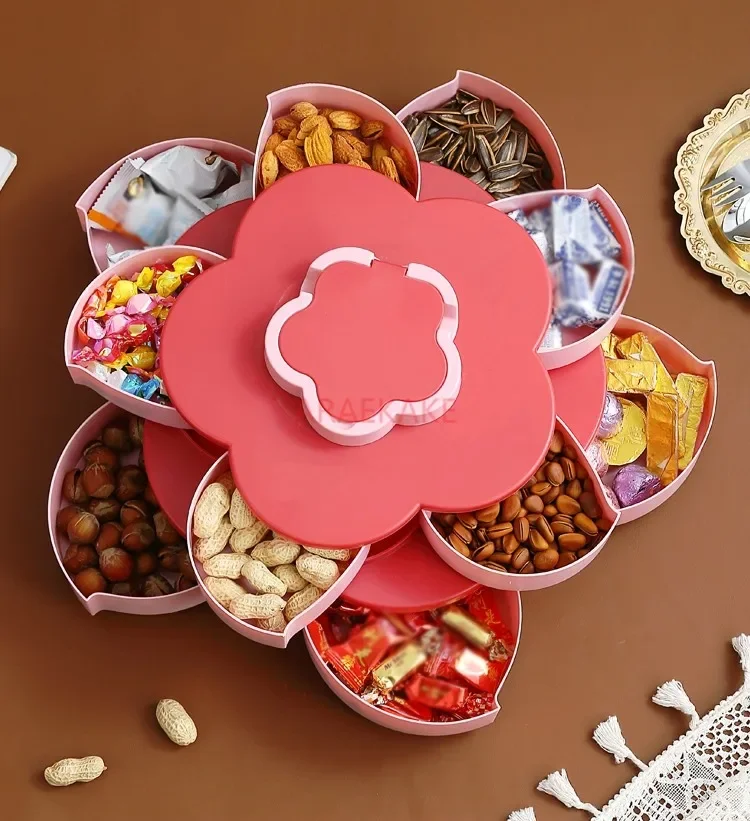 Multi layered petal rotating fruit tray with lid, multifunctional dry fruit and snack storage box for home living room