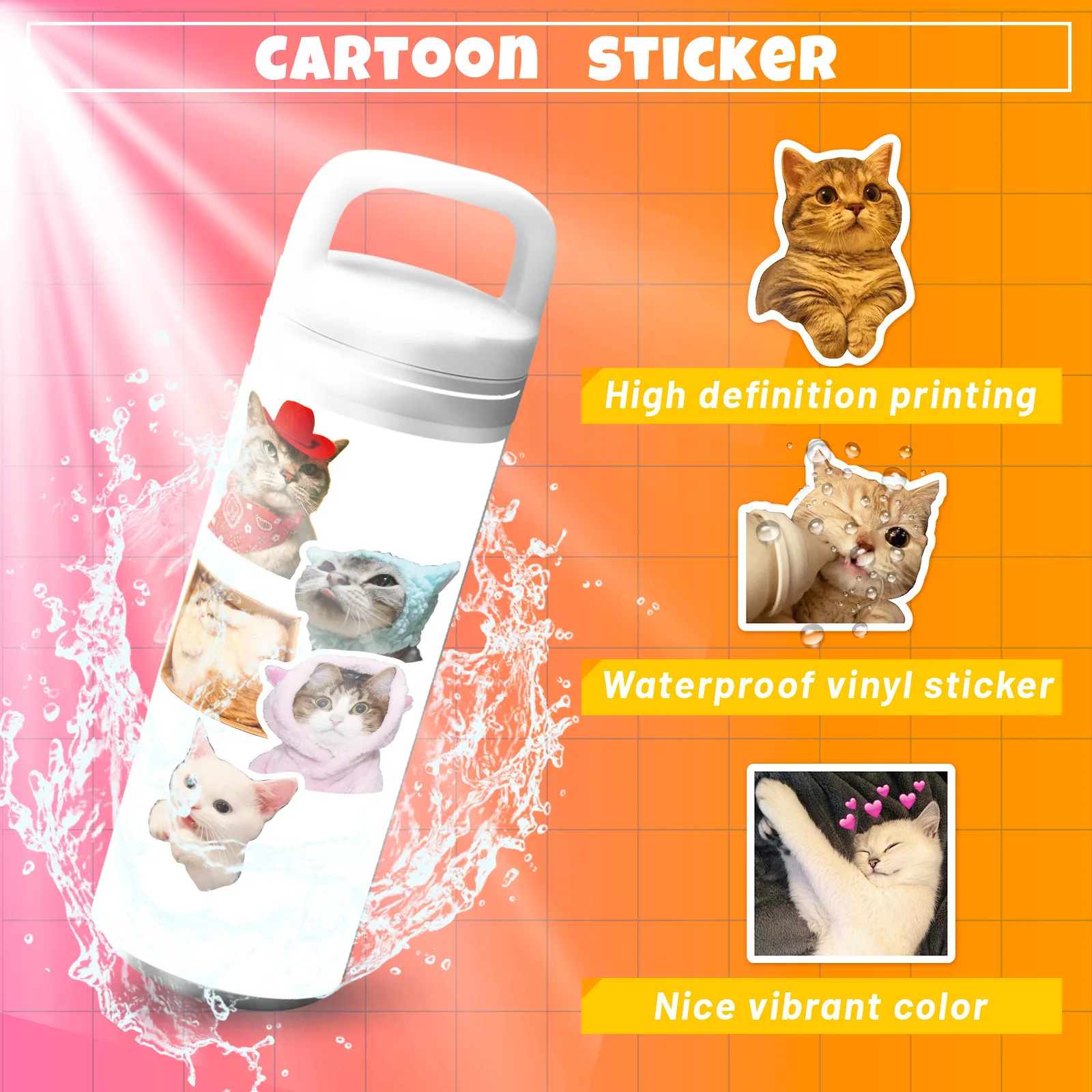 50Pcs Funny Cat Stickers Adorable, Kawaii and Colorful Decals Perfect for Water Bottles, Laptops and phone