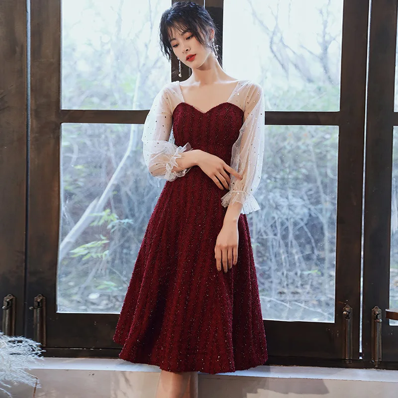 

Vintage Glitter Burgundy Pretty Prom Dress Sweetheart Long Sleeve Tulle Wedding Party Gowns Knee Length Homecoming Dresses