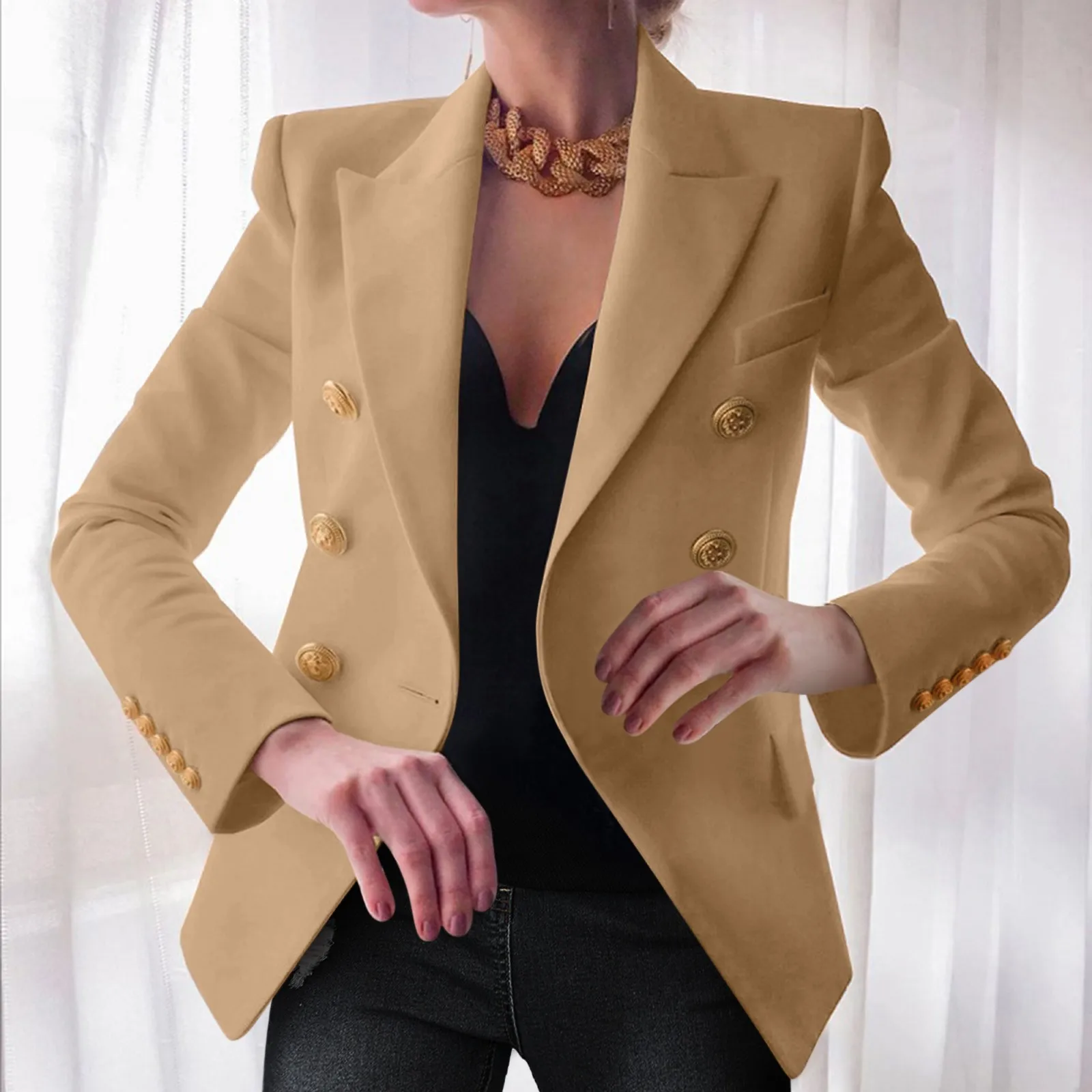 Elegant Business Blazer For Women Office Work Coat Women's Classic Double Breasted Metal Lion Buttons Blazer Outer