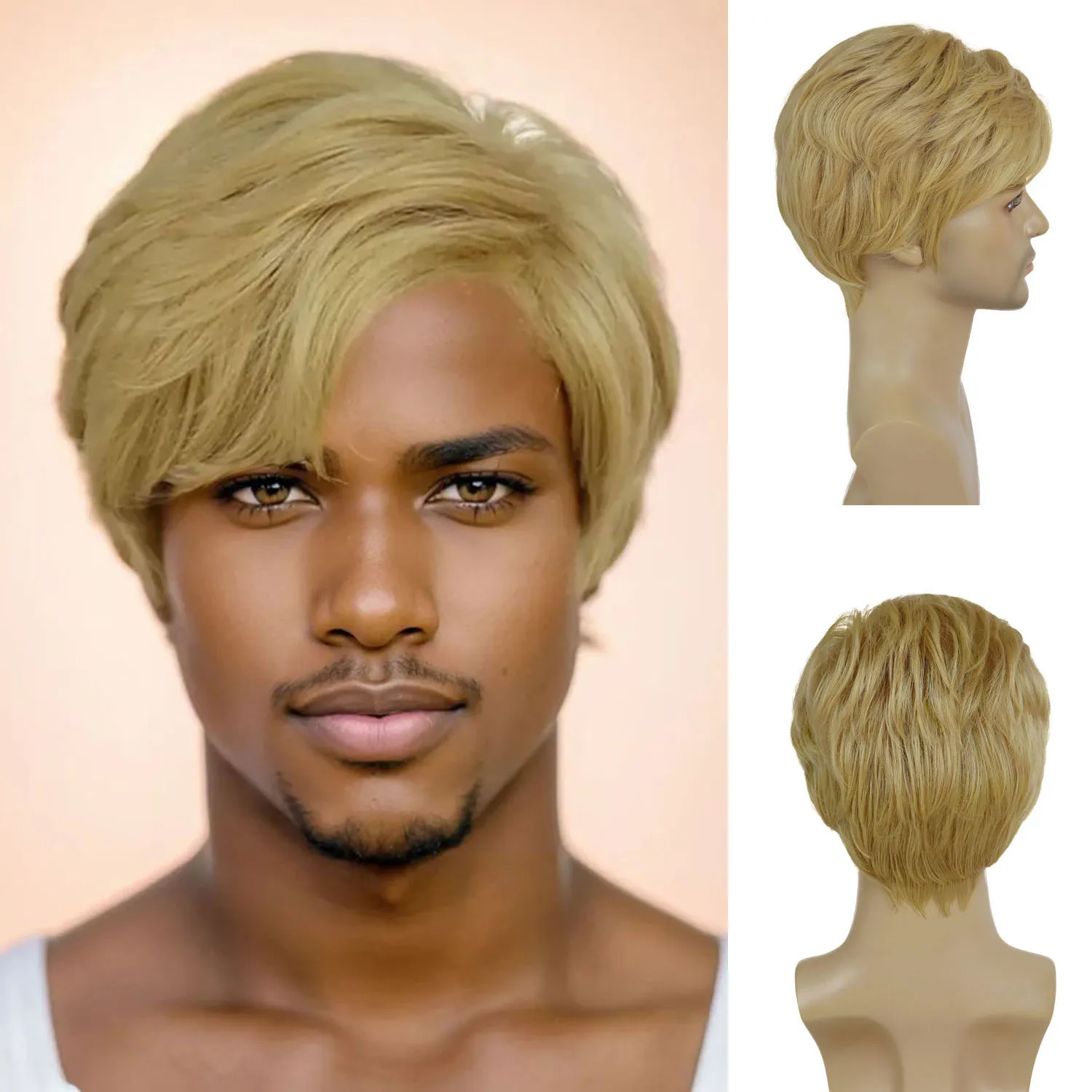 

Synthetic Hair Cool Mens Short Blonde Wigs Male Boys Party Cosplay Full Wig Natural Fluffy Layered Daily Halloween Wig for Men