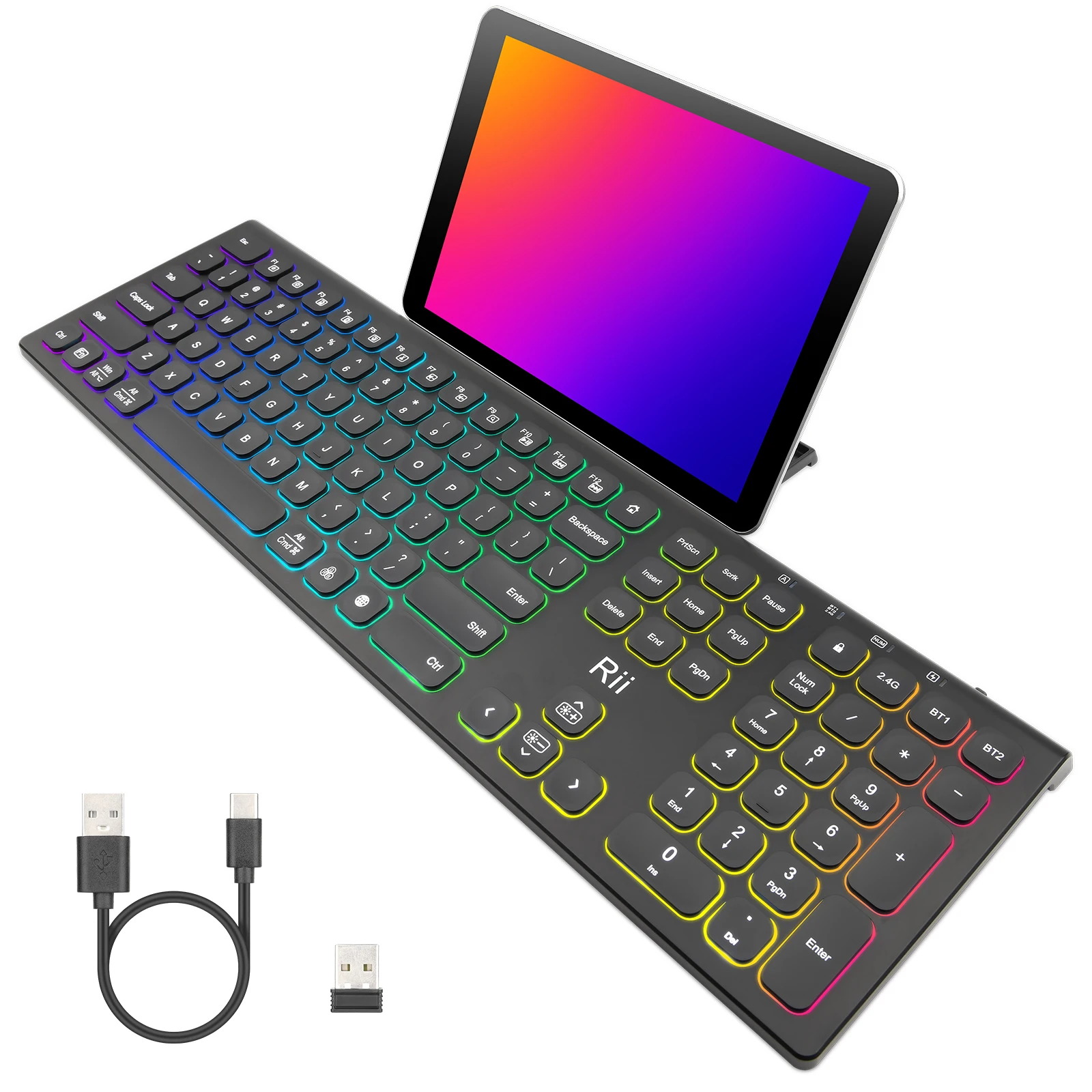 Rii RK801 Bluetooth Wireless Keyboard RGB Backlit Silent Keyboard Number Pad,Dual Mode for Mac/Windows/Linux and Computer/PC