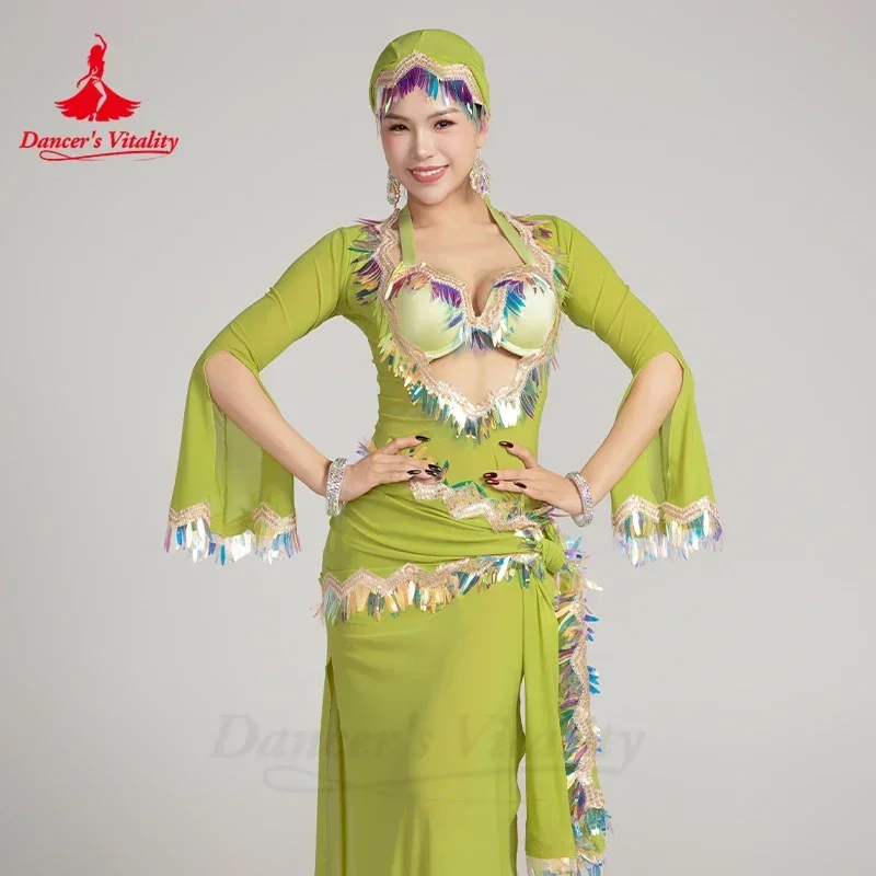 زي أداء الرقص الشرقي للنساء رداء أنيق متقدم + حمالة صدر + حجاب + وشاح الورك 4 قطعة رداء المنافسة Balady Saidi