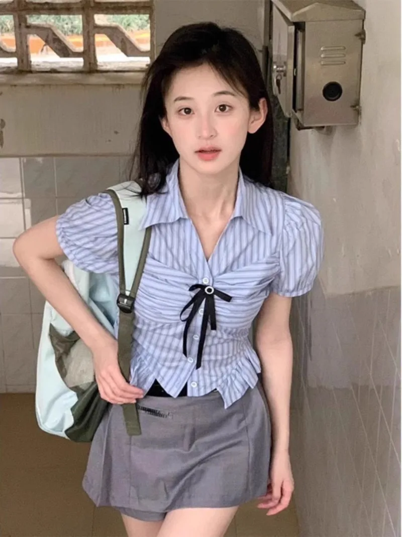 

College Stripe Shirt Skirt Two-piece Set Women Shirring Lapel Single Breasted Gentle Spicy Girl Slim Summer Female Sweet Suit