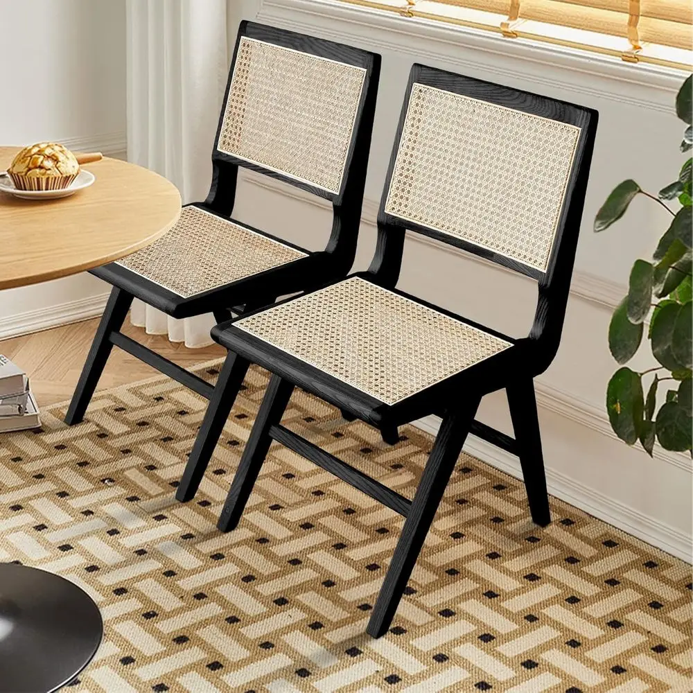 

2-Piece Rattan Dining Chair Set with Cane Backrest and Wooden Legs, Suitable for Modern Living Spaces, Kitchen, Dining, Outdoor,