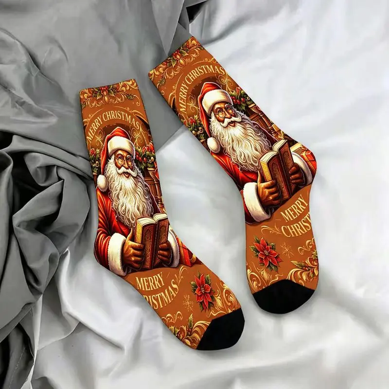 Festive Christmas Santa Claus Print Crew Socks, Comfortable Stretch Fabric for Winter Holiday Outfits