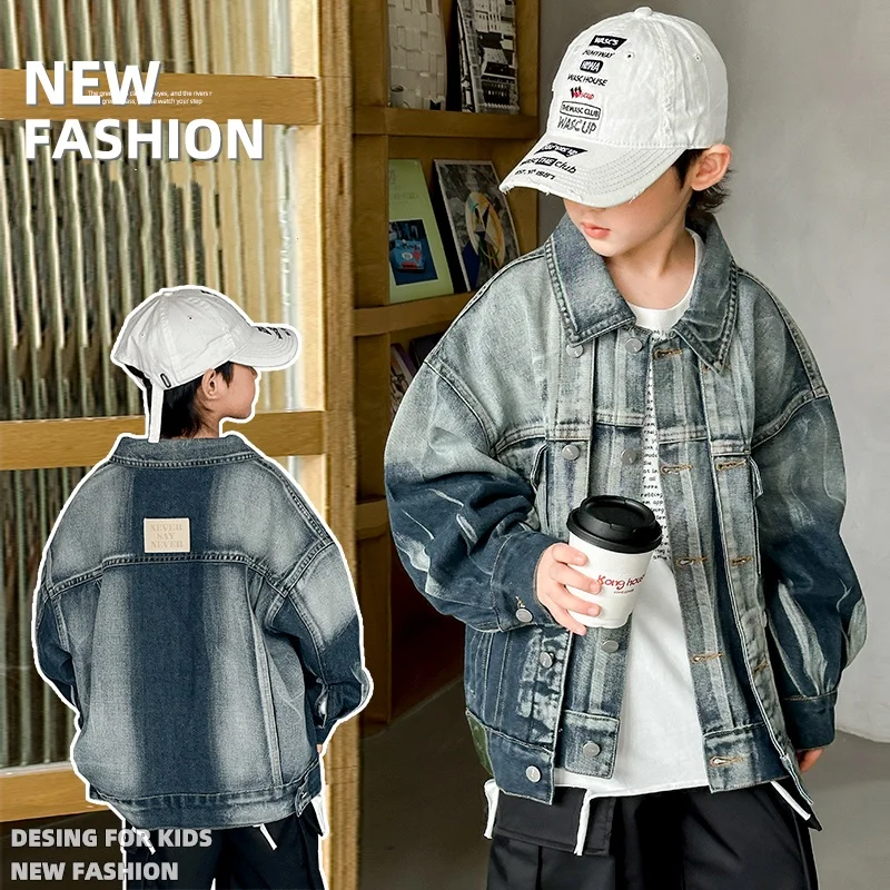 

Baby Boy Denim Jacket Kids Spring Autumn Y2k Cargo Trench Jacket Toddler Child Patchwork Boy Casual Fashion Blue Coat Age 4-14Y