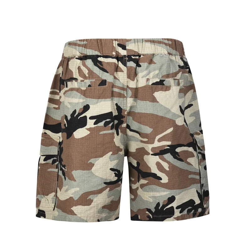 European American High-street RO-style Grid Pattern Pleated Multi-pocket Washed Grey Camouflage Cotton Cargo Short Men's Summer