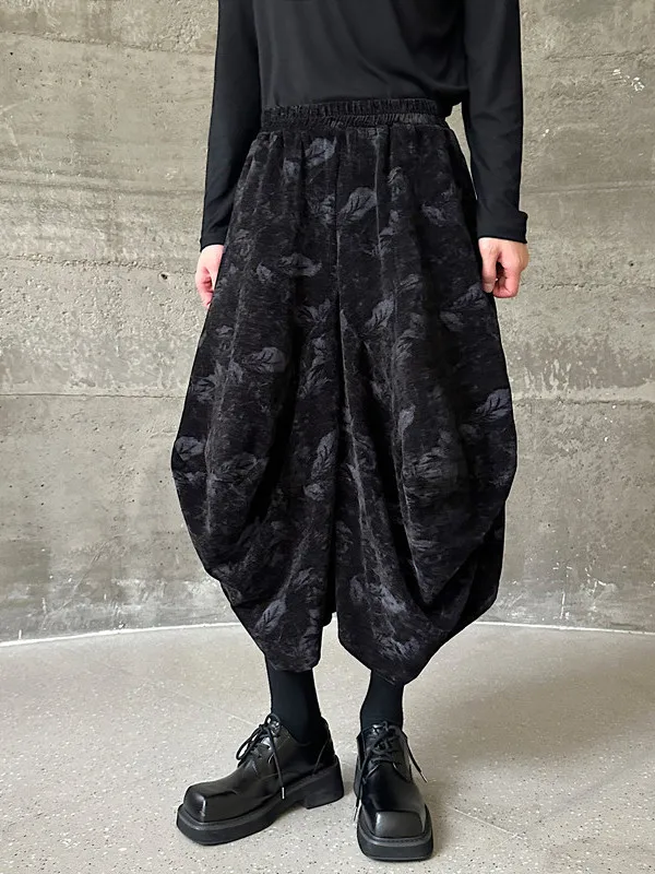 Velvet Dark Floral Print Casual Pants Wide Leg Fashionable Tassel Trim Retro High-End Feel Autumn Youth Short Pants