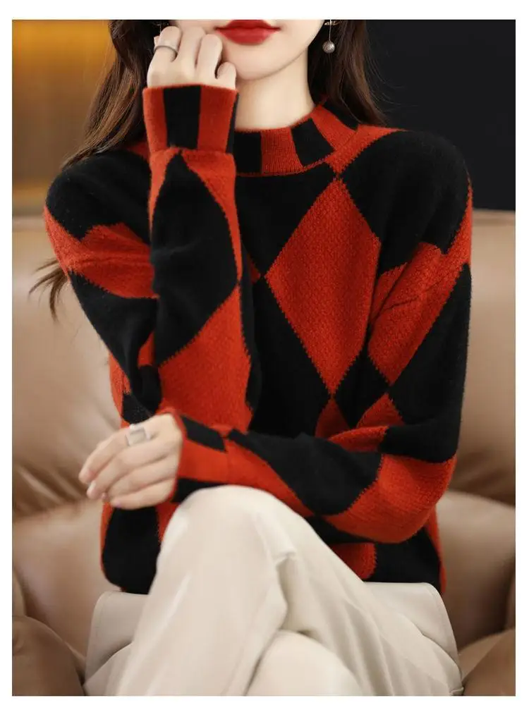 Women's Autumn And Winter Colored Checkered Half High Neck Sweater 2023 New Loose Fashion Long Sleeve Knitted Top