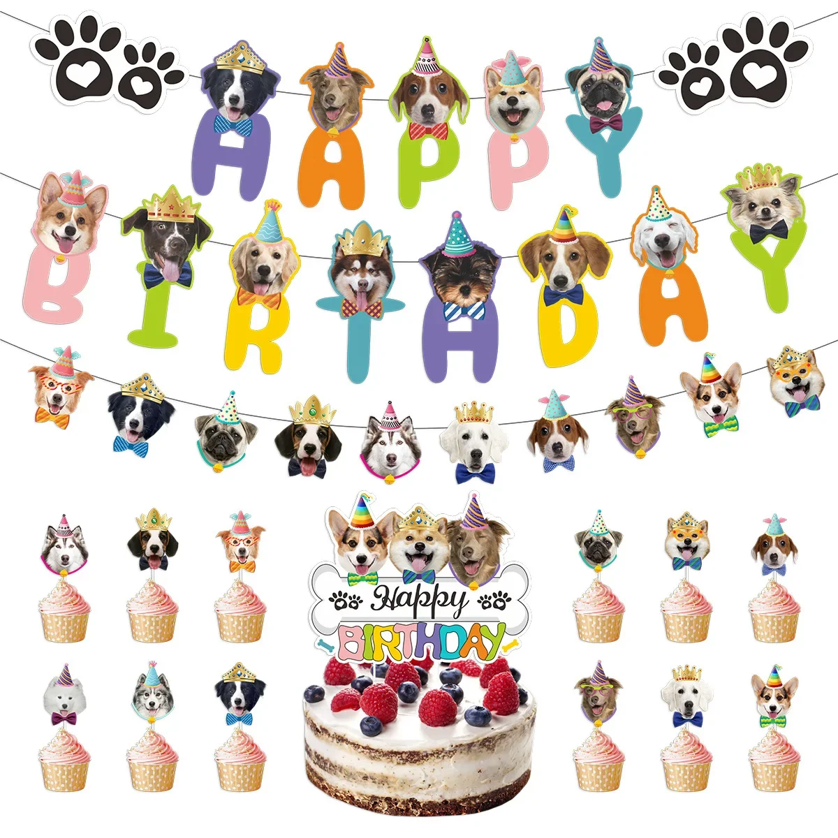 Cartoon Puppy Dog Happy Birthday Banner Hanging Swirls Cupcake Toppers for Animal Pet Theme Birthday Baby Shower Party Decor