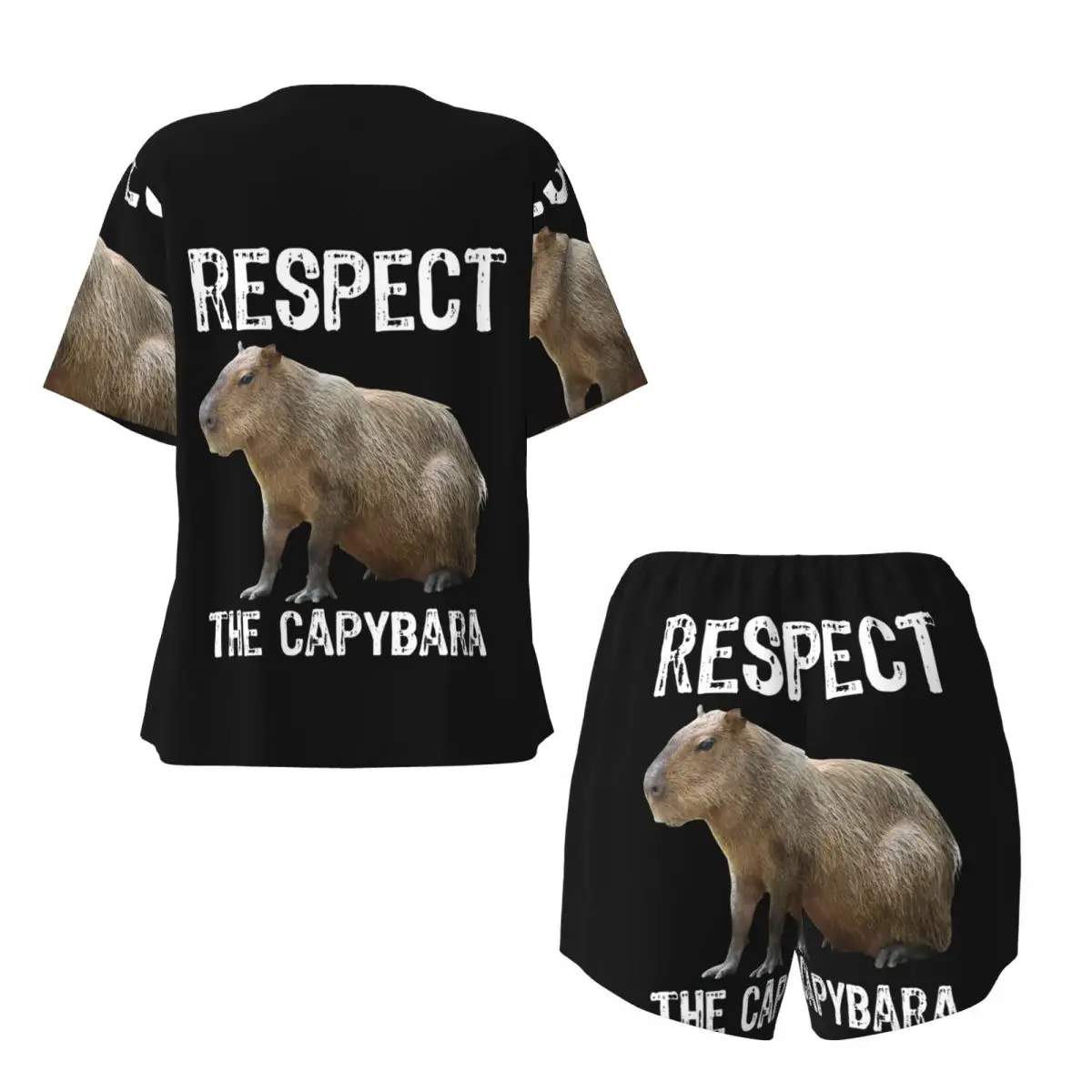 Women Respect The Capybara Funny Rodent Capibara Pajamas Set Custom Printed Two-piece Pj Sets Short Sleeve Sleepwear Loungewear