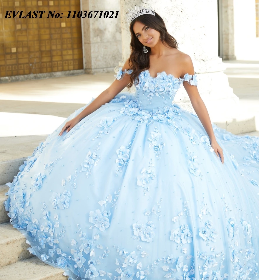 EVLAST Customized Blue Quinceanera Dress Ball Gown 3D Floral Applique Beaded Crstals Corset Sweet 16 Vestidos De XV Anos SQ323