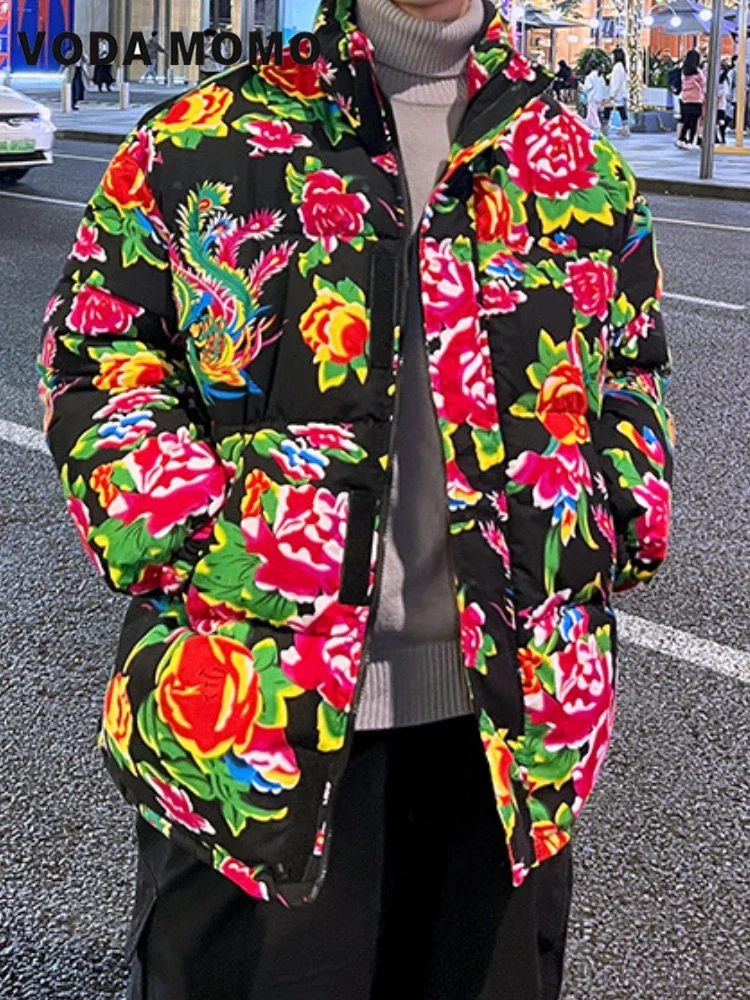 Nueva chaqueta acolchada elegante con estampado de flores y cremallera Parkas Vintage Y2k con cuello levantado abrigos gruesos Grunge sueltos estilo chino Otoño Invierno