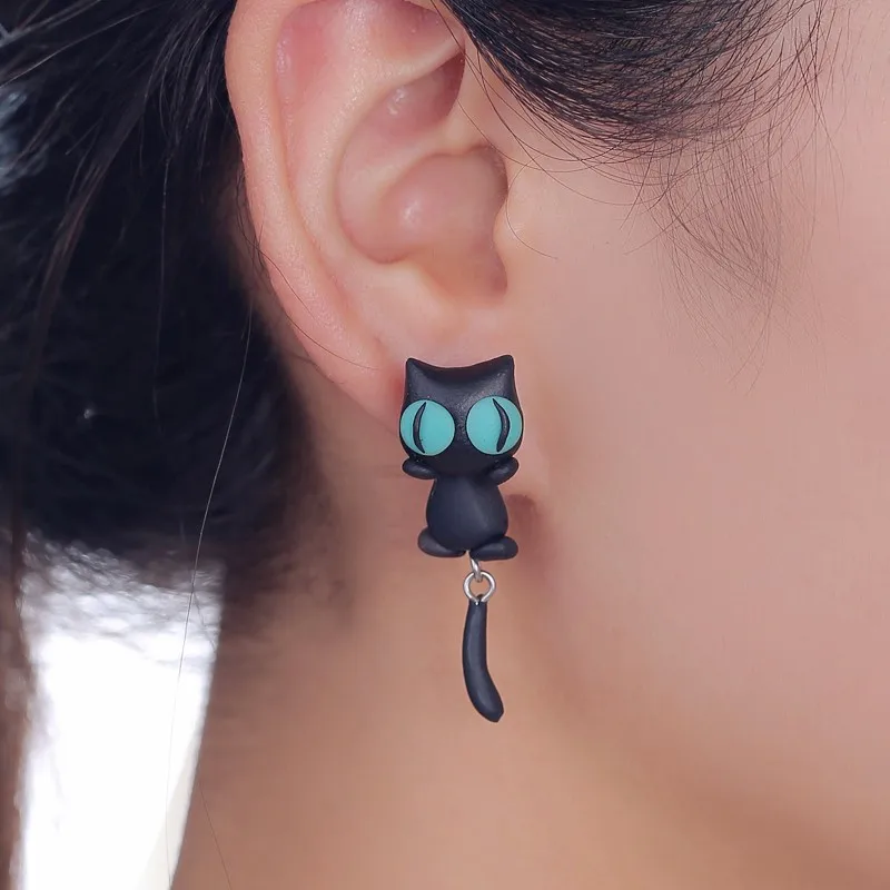 Handmade Black Cat Polymer Clay Stud Earrings For Women Cute 3D Animal Front Back Ear Jackets Big Eyes Cat Earrings Brincos
