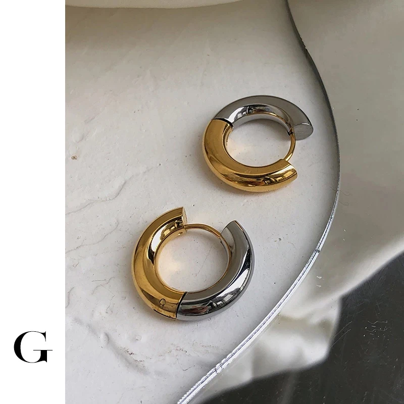 GHIDBK Two Tone in One Thick Hoop Earrings for Women Non Tarnish Stainless Steel Plain Round Huggie Earring Small Daily Jewelry