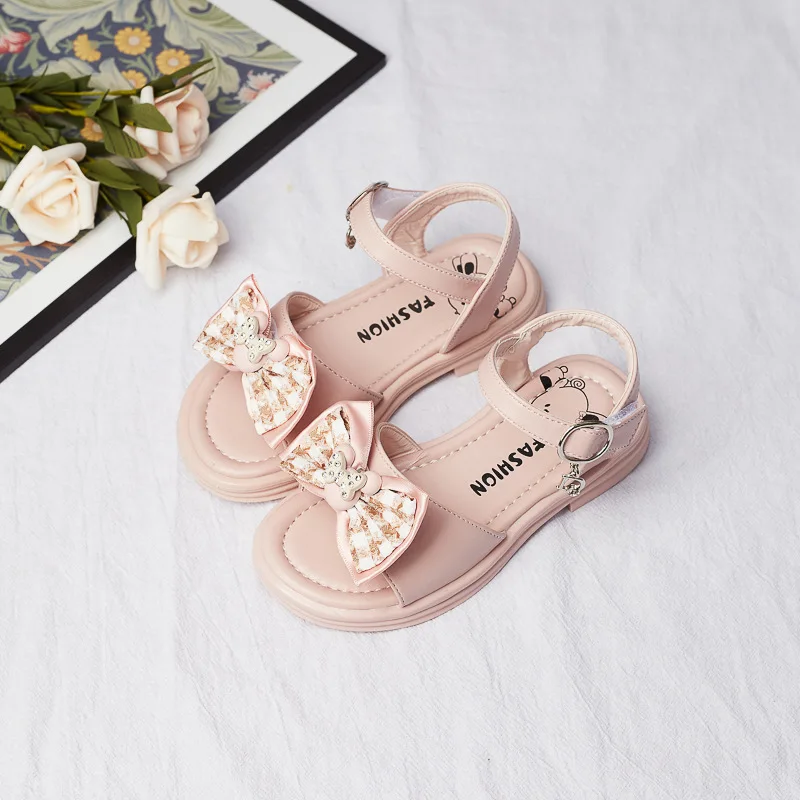 Children Sandals for Girls Bow Thousand Bird Grid Pink Elegant Princess Flats Open-toe Cute Kids Shoes Hook & Loop Drop Shipping