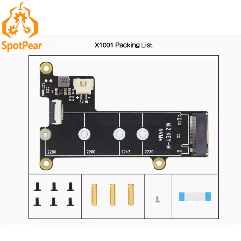 X1001 For Pi5 Raspberry Pi 5 PCIe to M.2 NVMe SSD Adapter Board HAT X1001 2280 2242 2230