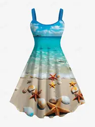 Rosegal Plus Size Women's Hawaii Sea Beach Shell Print Spring Summer Daily Casual Cami Tank Dress