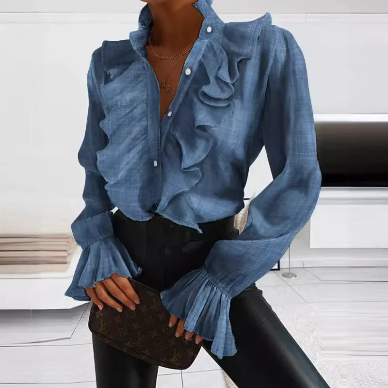 Spring Summer Women\'s Clothing Solid Color Denim Ruffled Long Sleeve Shirt Temperament New Arrivals